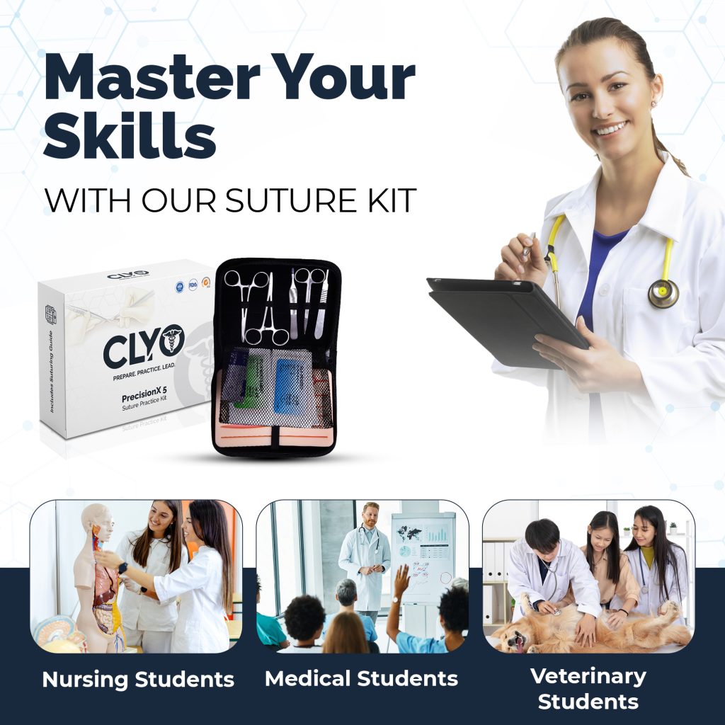Master Your Skills with Clyo Suture Practice Kit – Ideal for Nursing, Medical, and Veterinary Students. Features a high-quality suture pad and essential surgical tools for training.